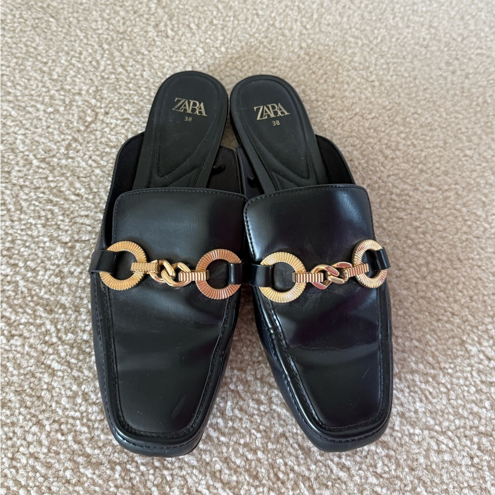 Zara Black Leather Mules with Gold Chain Detail
